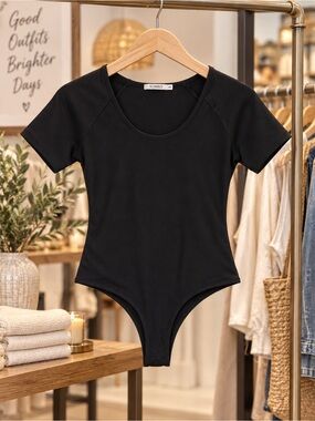 Black Short-Sleeve Bandeau Bodysuit